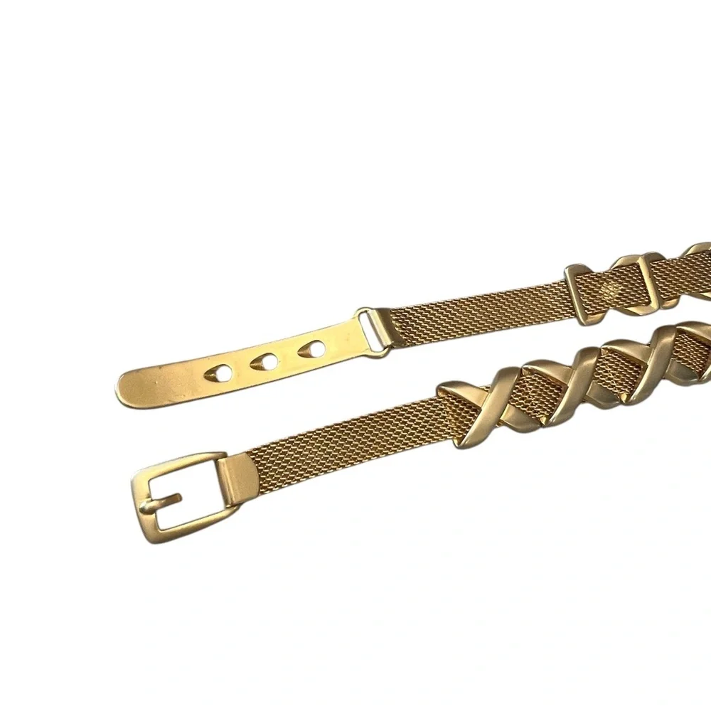 Vintage Gold Tone Metal Mesh Belt Criss Cross X’s 33.5-34.5” With Buckle Pretty!